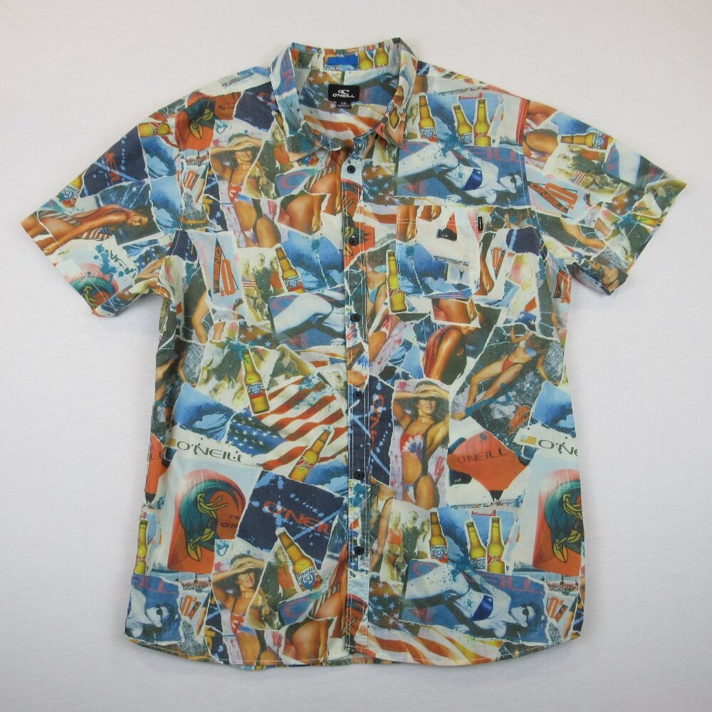 O'Neill Men's XXL Shirt Short Sleeve Button Down Pocket Surf Logo Bikini Beer